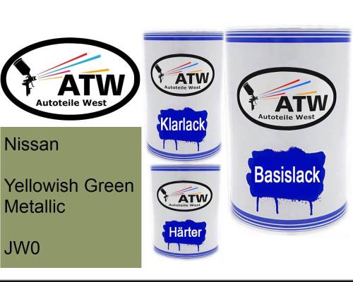 Nissan, Yellowish Green Metallic, JW0: 500ml Lackdose + 500ml Klarlack + 250ml Härter - Set, von ATW Autoteile West.